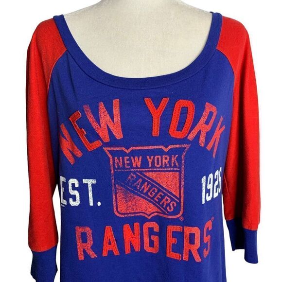 NHL New York Rangers Pullover Knit Top L Blue Red Raglan Sleeves Scoop Neck - Picture 2 of 6